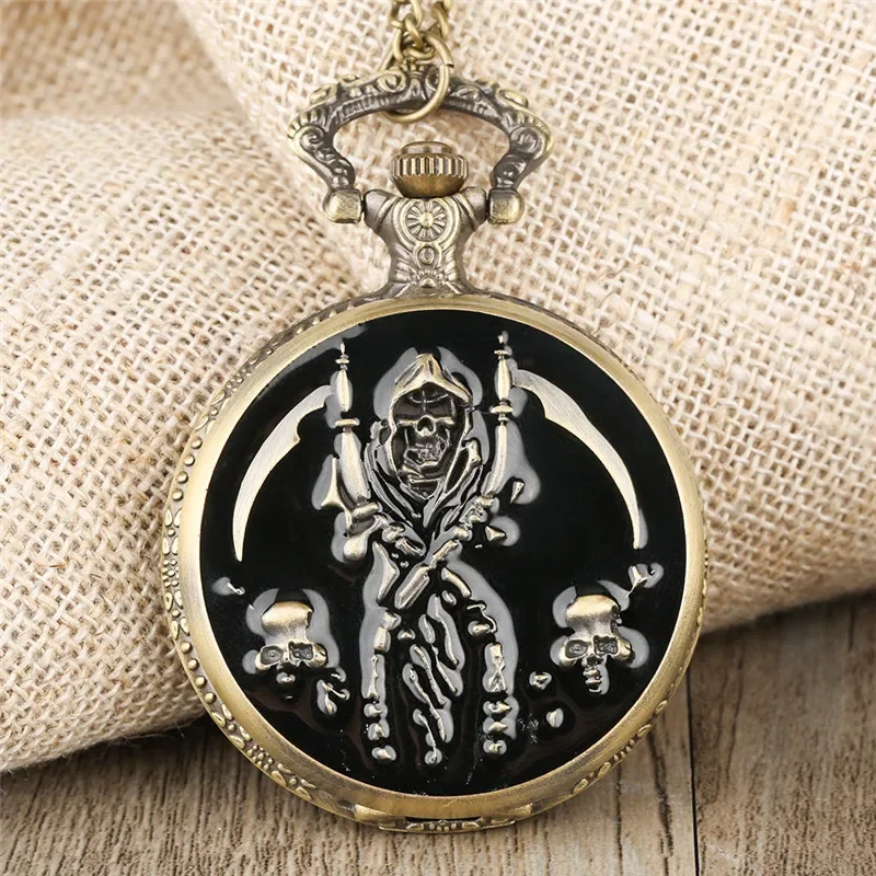 Bronze Evil Design Men Women Retro Quartz Analog Pocket Watch Necklace Pendant Chain Antique Timepiece Gothic reloj