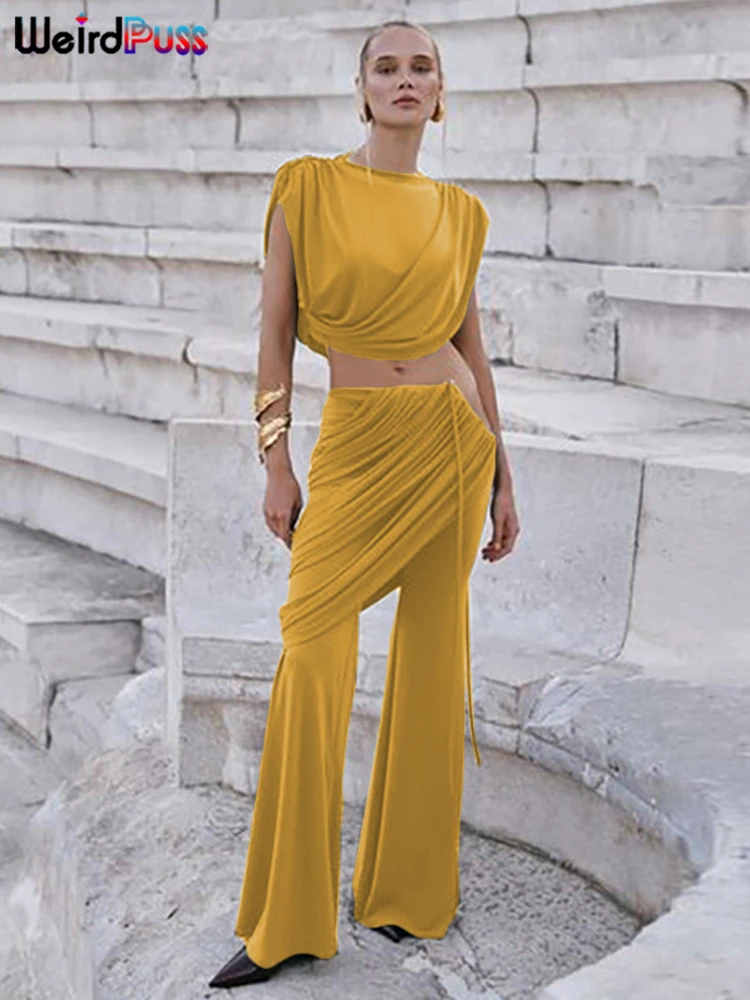 이상한 Puss 우아한 불규칙한 2 조각 세트 여름 여성 세련된 클래식 탱크 탑 + 스커트 바지 매칭 트렌드 Ruched 정장 streetwear