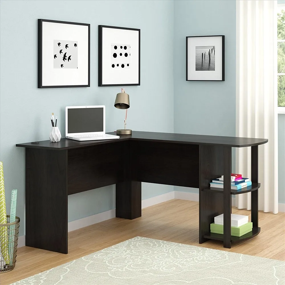 L-Shaped Wood Right-Angle Computer Desk with Two-Layer Bookshelves – Dark Brown