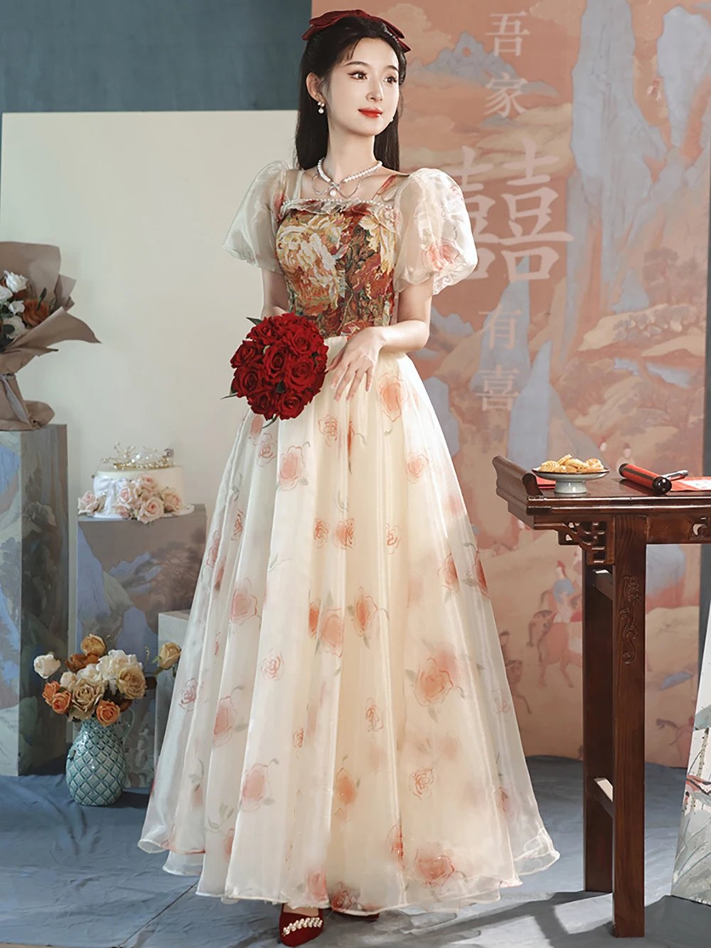 

Rose Floral Print Princess Dress Women Luxury Engagement Formal Evening Dresses Chic Oil Painting Design Birthday Party Gown