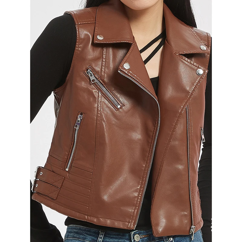 

Spring Summer New Motorcycle Svel PU Leather Vest Women's ort High Waist Zipper Slim Fit Punk Workwear Jaet