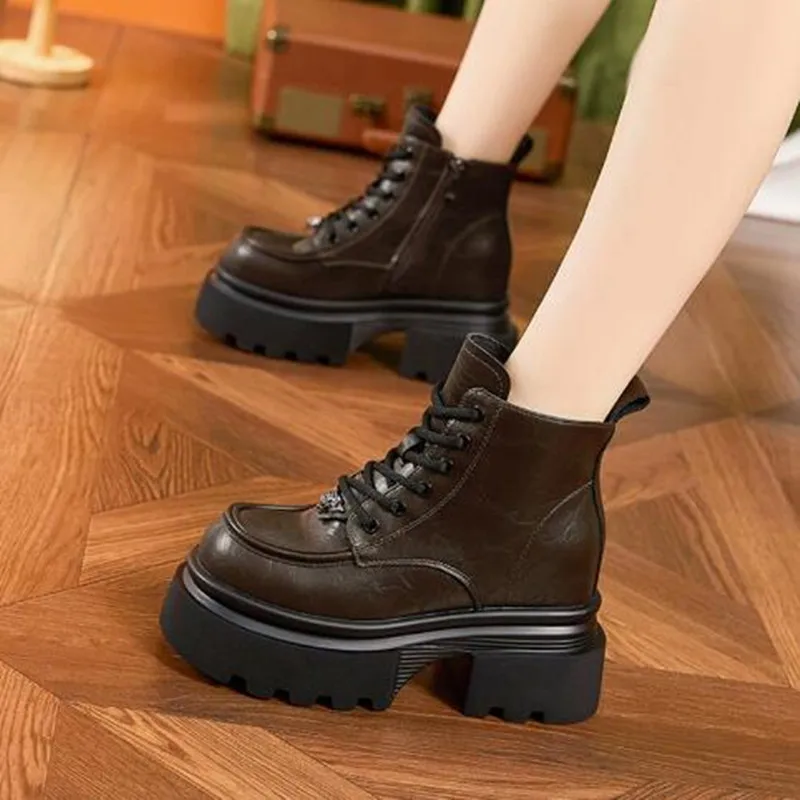 

10CM New Microfiber Genuine Leather Ankle Boots Platform Motorcycle Chelsea Booties Women Autumn Spring Zipper Chunky Sneakers