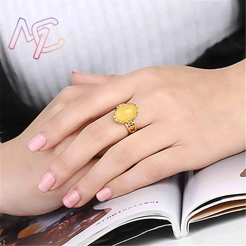 Yellow Amber Rings Lucky Amulet Talismans Real Gemstone Vintage Designer Luxury Gifts for Women Natural Jewelry