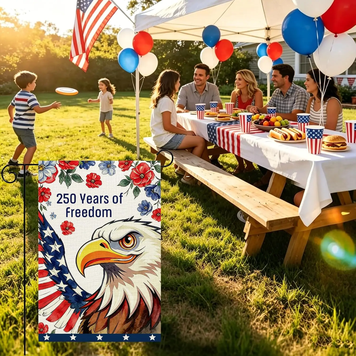 250 Years of Freedom Bald Eagle Garden Flag, Floral Eagle Patriotic Yard Flag, Watercolor Red Blue Flower Outdoor Burlap Dec llp
