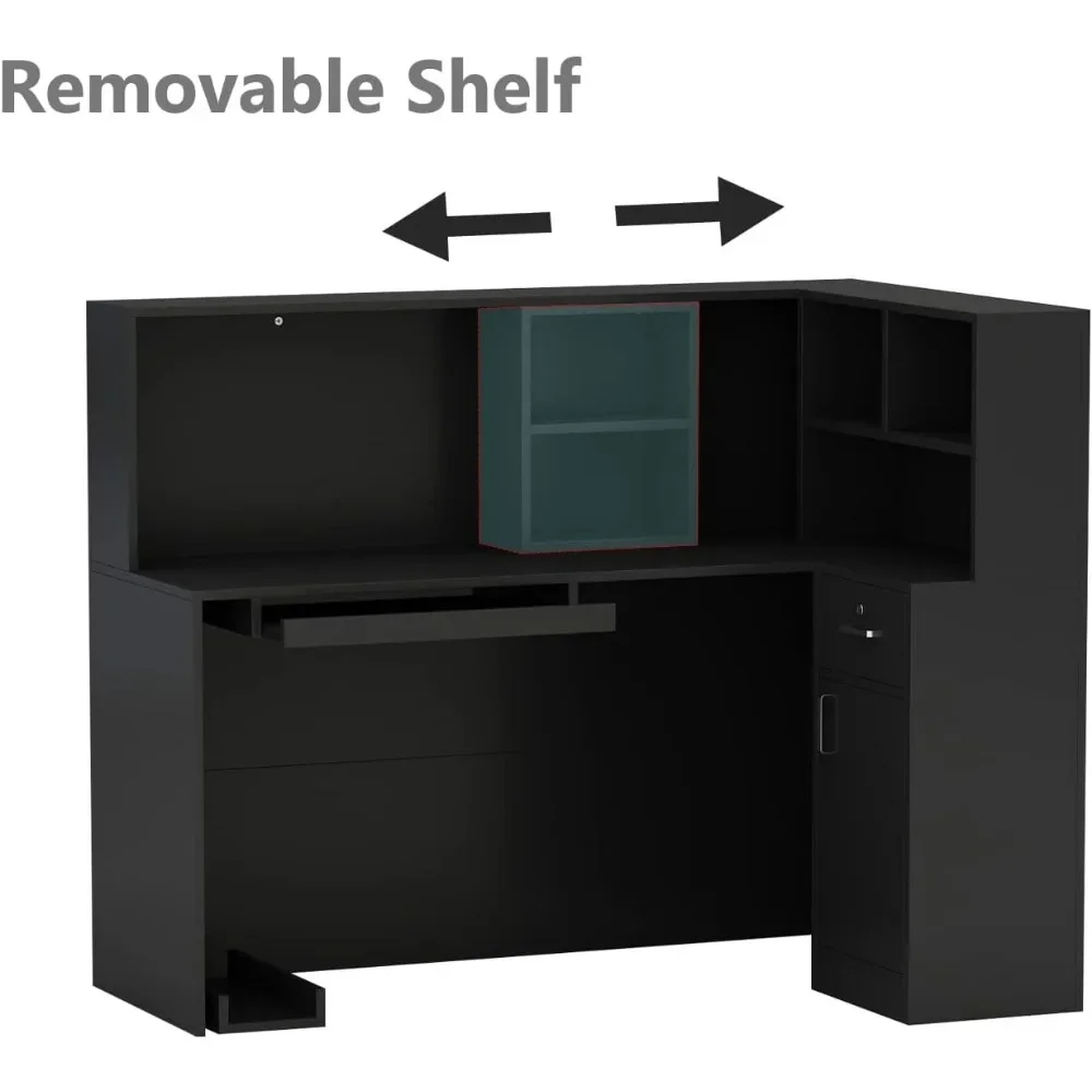 L字型レセプションデスクカウンターテーブル、ロック可能な引き出しと収納棚付き、サロンレセプションルームチェックアウト用のプライベートワークステーション