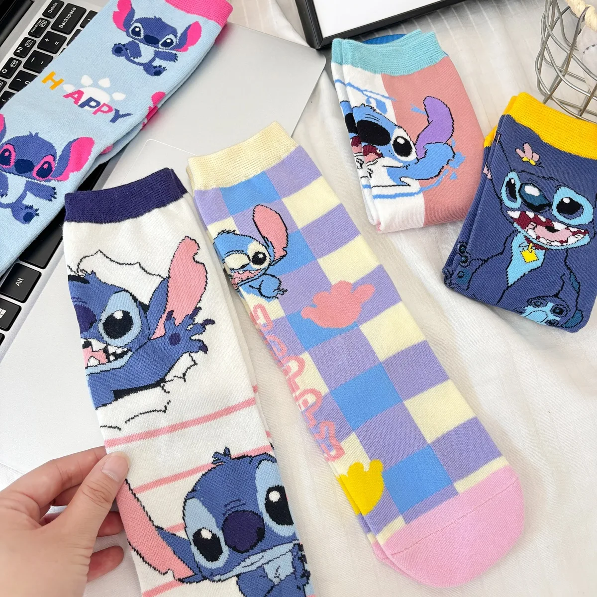 Hot Disney Stitch Cartoon Mid-tube Stockings Four Seasons General Men's and Women's Casual Socks Cotton Non-slip Absorbs Sweat