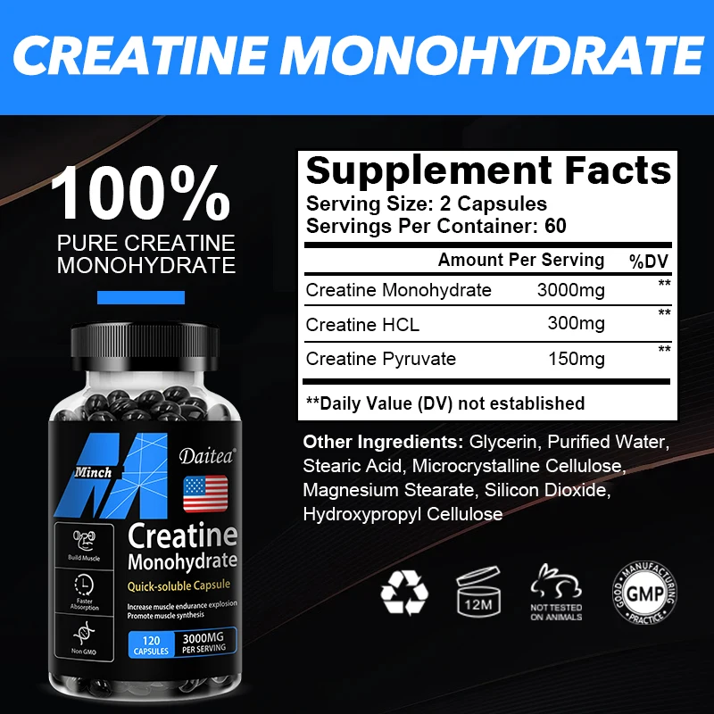 Daitea Creatine Monohydrate, 3000 Mg, 120 Capsules, for Muscle Endurance, Non-GMO, Gluten-Free