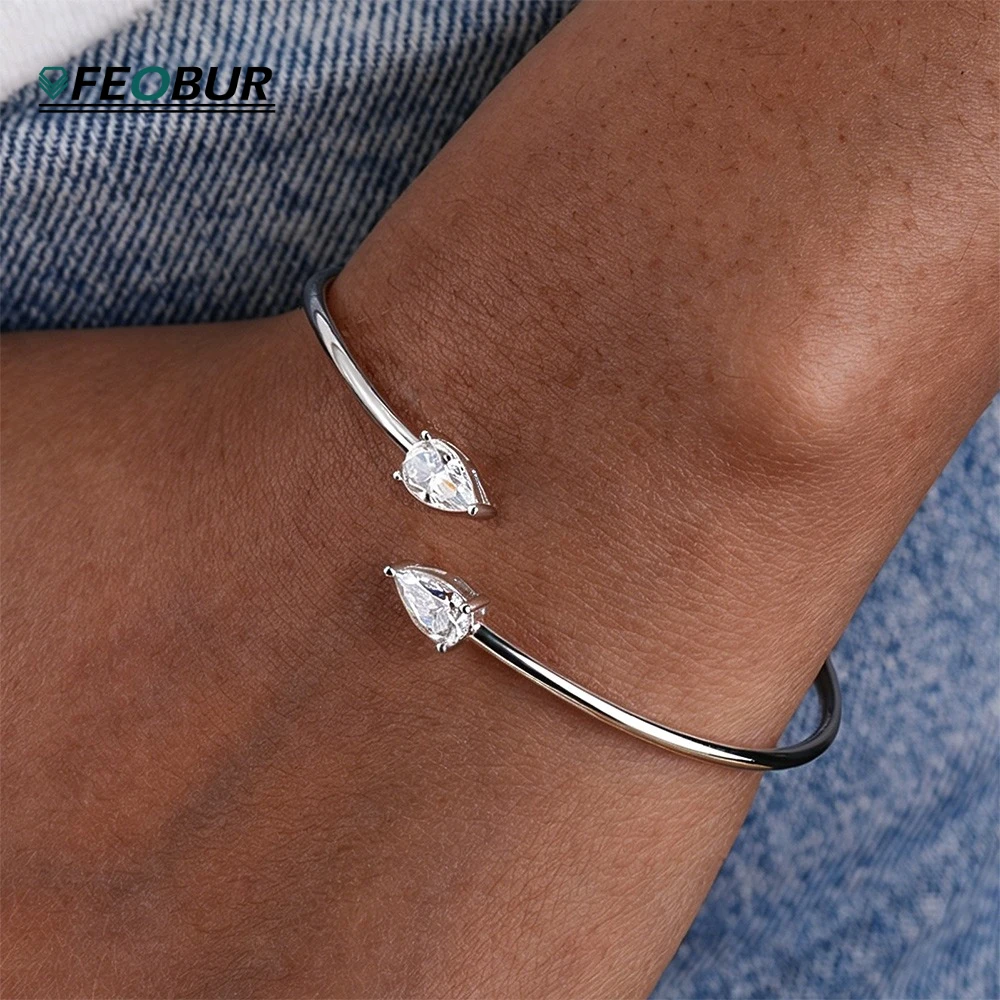 

Certified 2Cttw Pear Cut Moissanite Open Cuff Bracelet for Women Solid 925 Silver Two Waterdrop Diamond Bangles Dainty Jewelry
