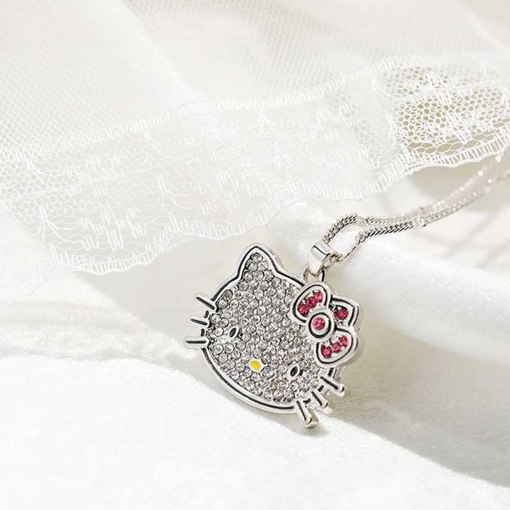 Kawaii Sanrio Hello Kitty Necklace Cute Cartoon Clavicle Chain Diamond Pendant Sterling Silver Y2K for Women Girls Birthday Gift