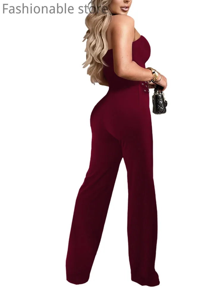 Dames sexy effen kleur strapless rugloze bandeau-jumpsuits met wijde pijpen en riem