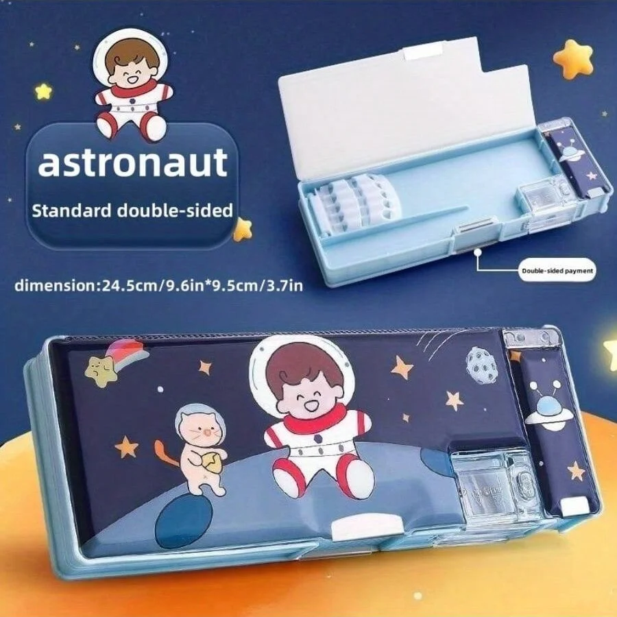 Blue/Red Cute Cartoon Style Creative Pencil Box for Primary School - Two-door Multi-functional Large Capacity Pencil Box for Boy