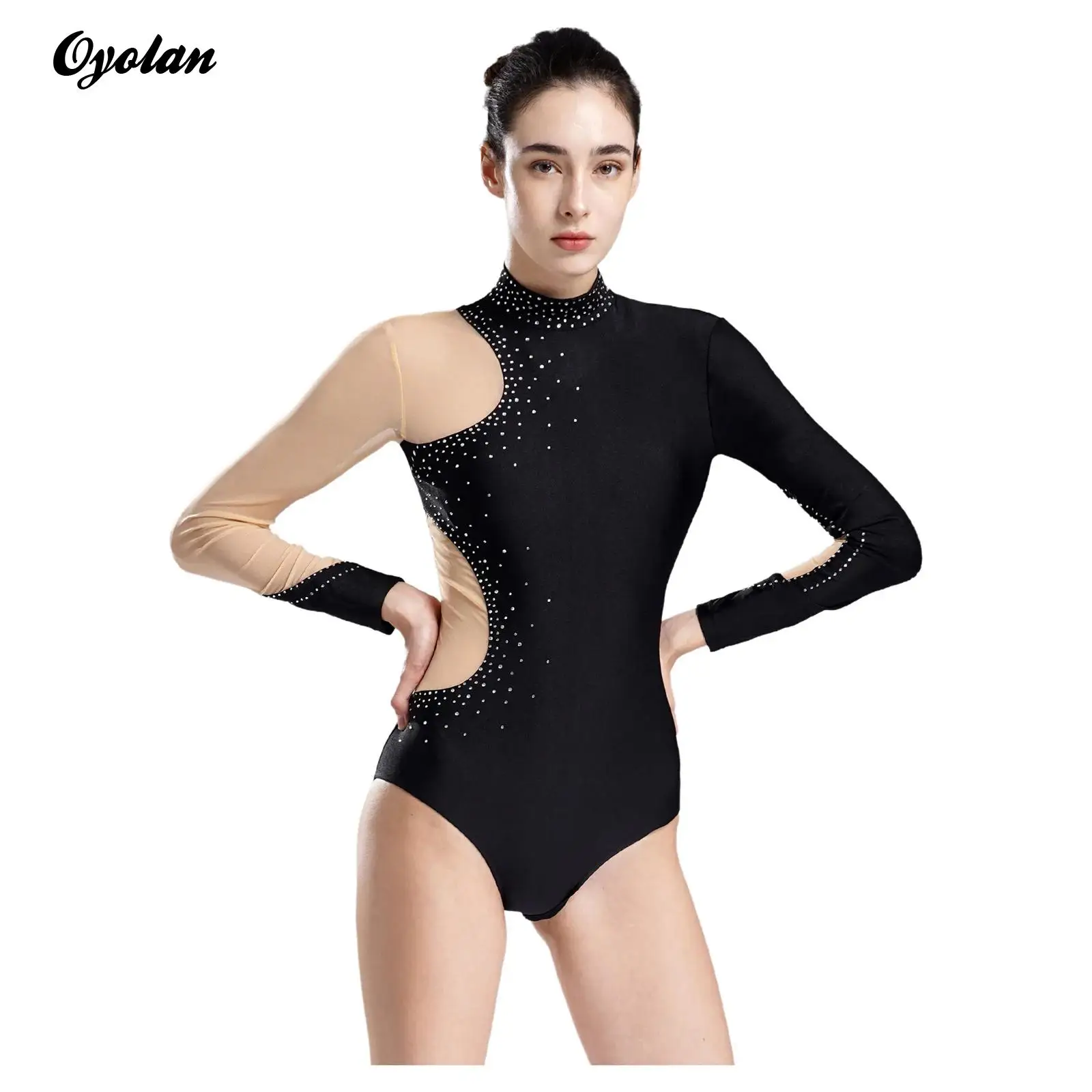 

Womens Glittery Rhinestones Figure Skating Leotard Sheer Mesh Long Sleeve Bodysuit Gymnastics Ballet Dance Performance Costume