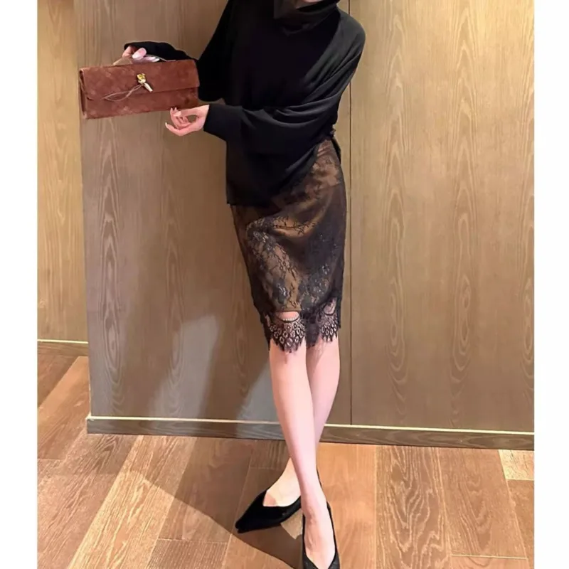New Fashion Lace Satin Skirt Women Summer Elegant Thin High Waist Sexy Coffee Slim Bodycon Skirts Office Lady Business Jupe