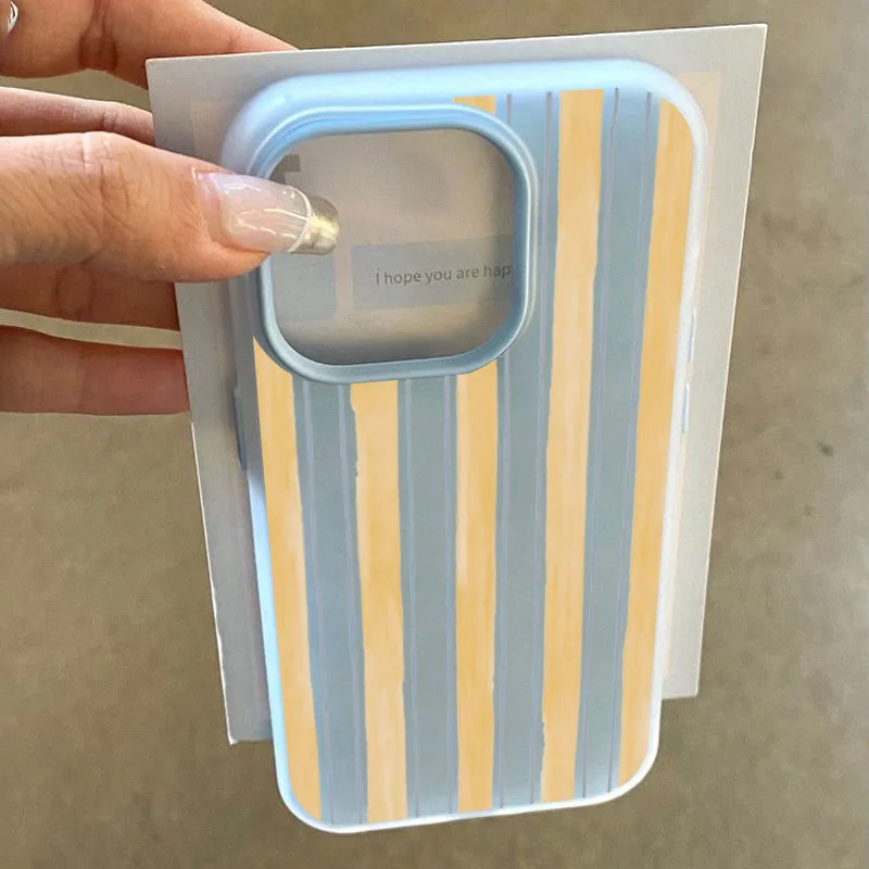 스타일리시한 노란색 줄무늬 아이폰 케이스 (아이폰 17, 16, E, 15, 14, 13, 12, 11 Pro, XR, X Max, 7, 8 Plus, 17 Air) 미니멀리스트 2 in 1 백 커버