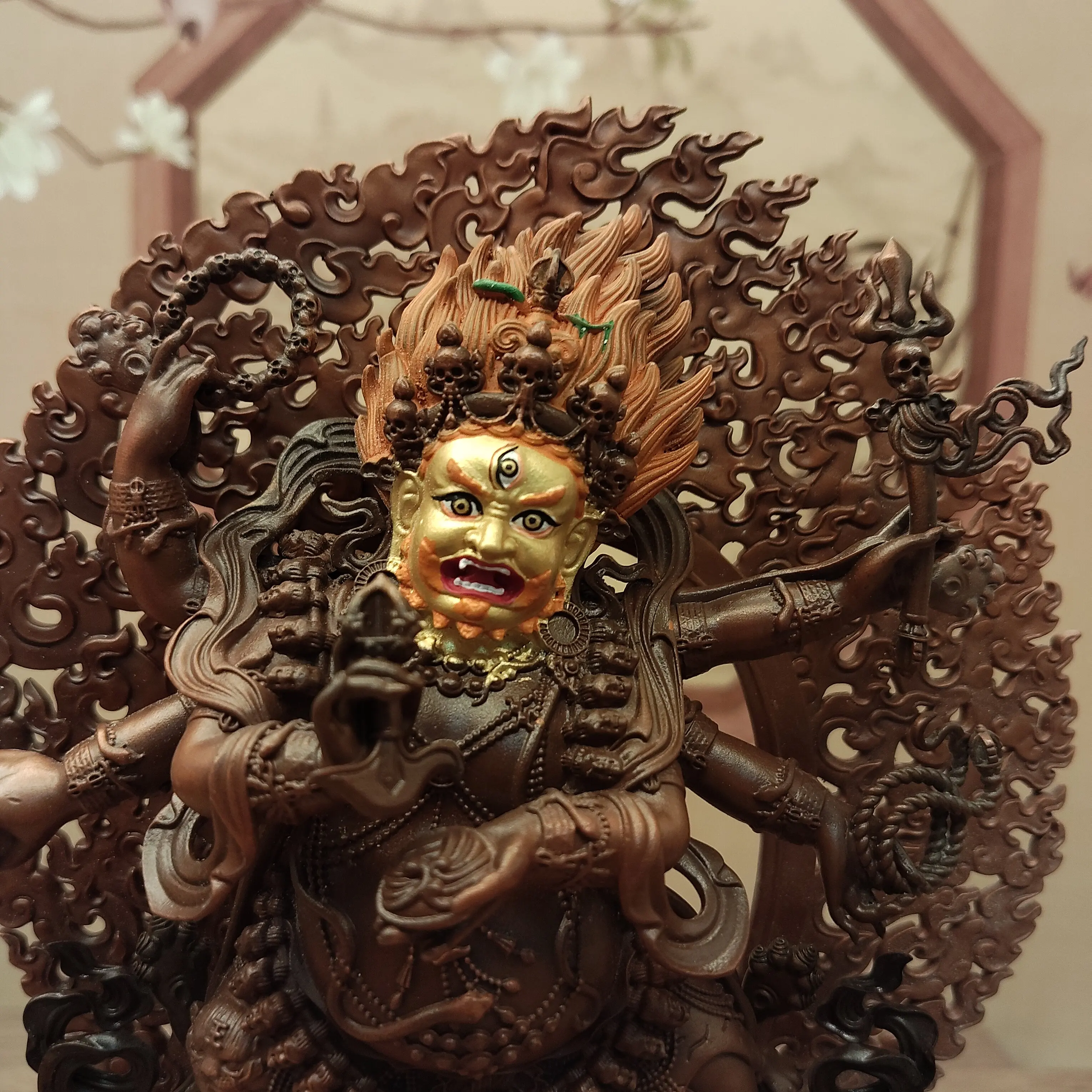 Fine Red Antique Copper Painted Face Six-Armed Mahakala Statue 15cm Home Altar Blessing