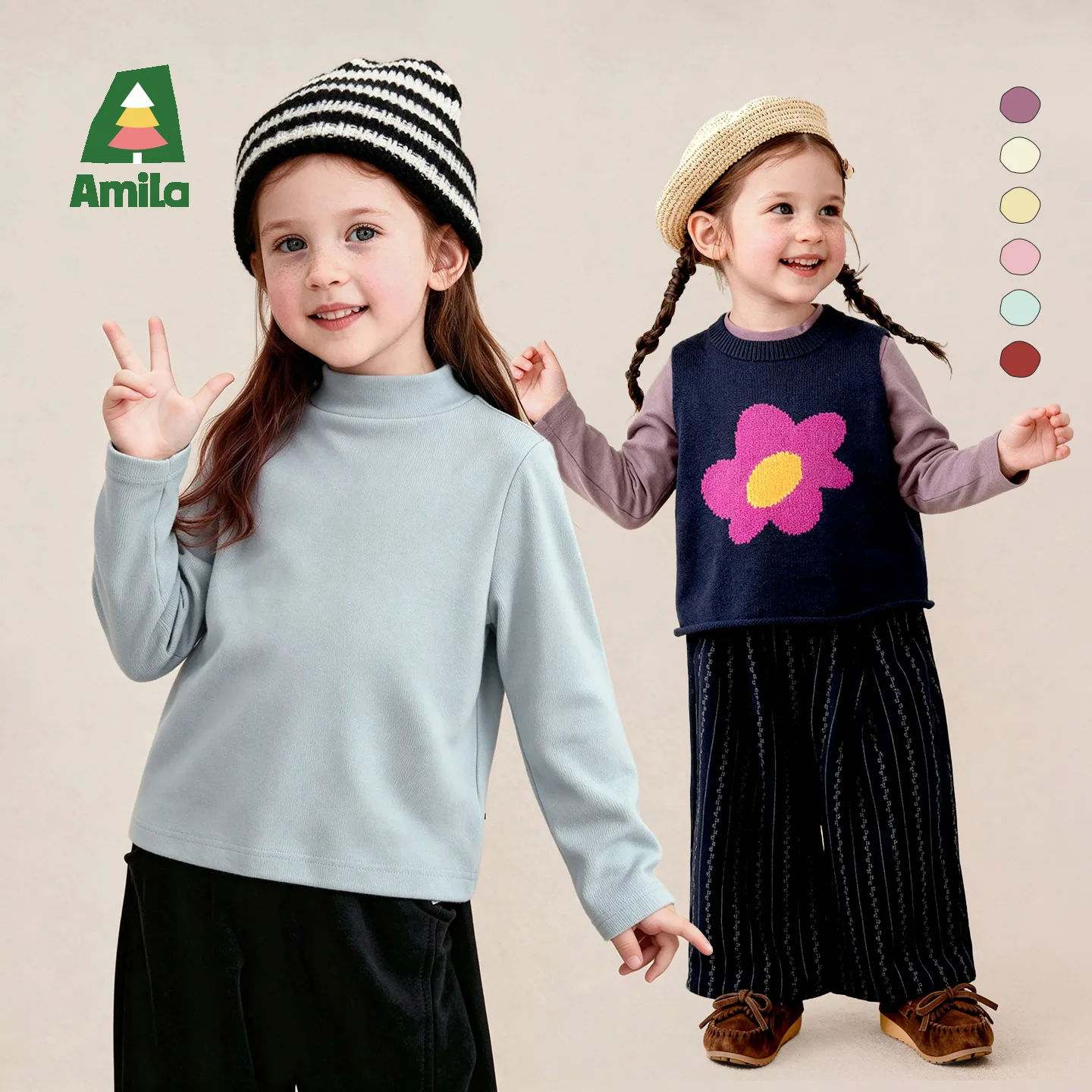 Amila 2026 Autumn New Kids Half Turtleneck Fleece Lined Base Shirt Extra Warm Skin Friendly Soft Comfortable Inner Top