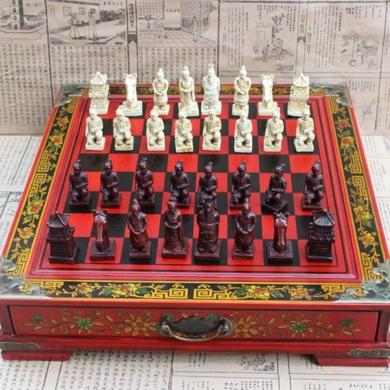 Creative chess table three-dimensional chess terracotta warriors and horses chess pieces wooden chessboard cartoon characters