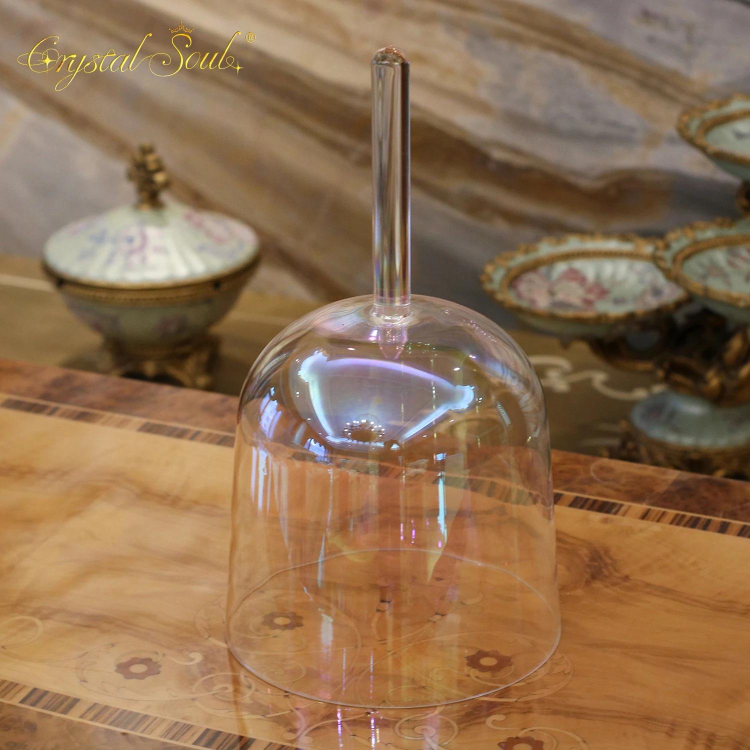 

CrystalSoul 432Hz Prefect Pitch Clear Aurora Color Handle Crystal Singing Bowl Pure Quartz Ore