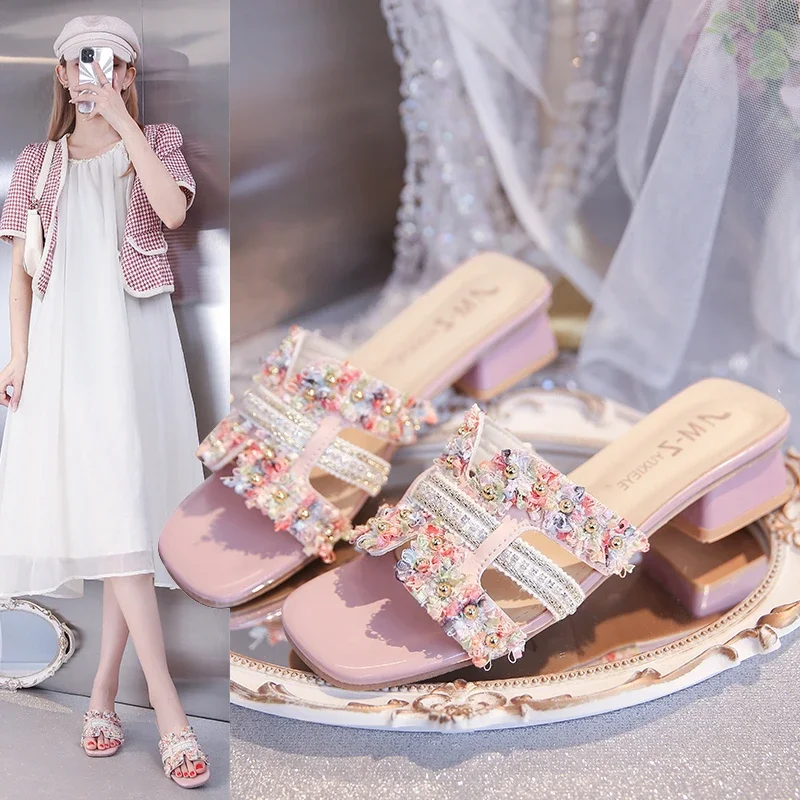 

Summer Women's Fashion Slippers Square Heel String Bead Square Toe Shoes Women Dress Outdoor Korean Style Zapatillas De Mujer