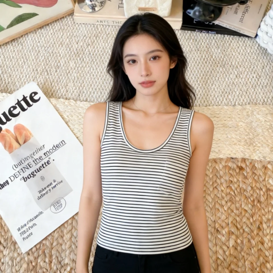 Summer New Pure Desire Stripe Pattern Women's Slim Fit Vest Strap Integrated Chest Pad Outerwear Shirt Square Collar Design