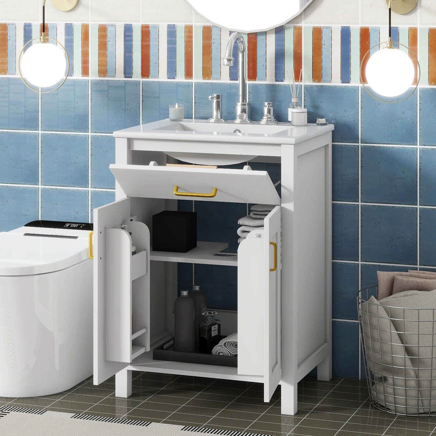 

24"Bathroom Vanity Combo with Ceramic sink, Luxurious Space-Saving Vanity - W24"*D18"*H34"inch, 2 Soft-Close Doors