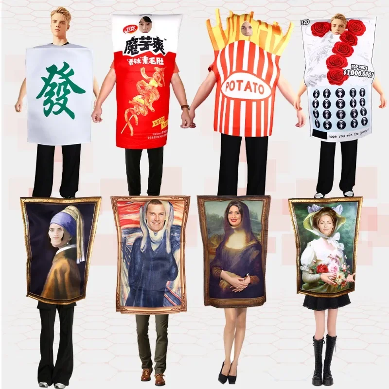 

Halloween Mona Lisa Cosplay School Stage Performance Unisex Jumpsuits Funny Painting Role Play Outfit Men Women Carnival Party