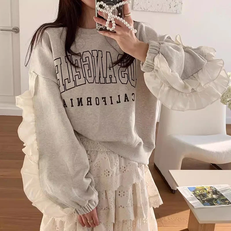 Chic Autumn Winter round Neck Letter Print Loose Long Sleeve Sweatshirt Women's Fashionable Ageless Pattern Splice Wooden Ear