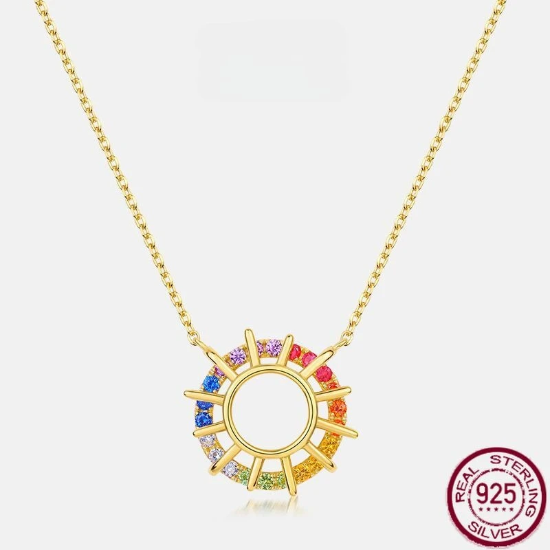 

New S925 Pure Silver Rainbow Zircon Colored Sunflower Necklace Vintage European and American Luxury Wedding Jewelry