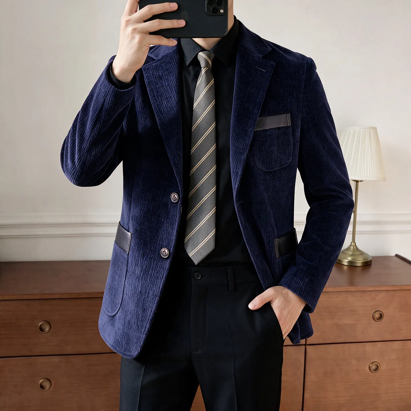Luxury Chenille Velvet Blazers Jacket for Men Pocket PU Splicing Banquet Business Formal Suit Jacket Wedding Groom Party Dress