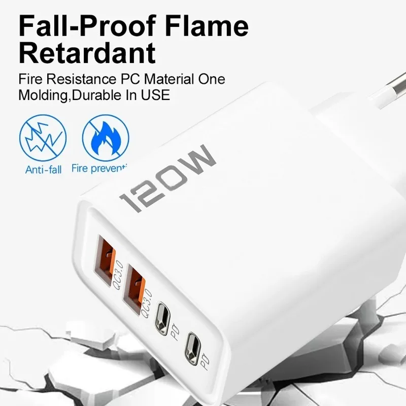 120W 4 Ports Fast Charging Dual PD USB Wall Adapter Charger QC3.0 Mobile Phone Charging EU/US/UK Plug for Samsung IPhone Huawei