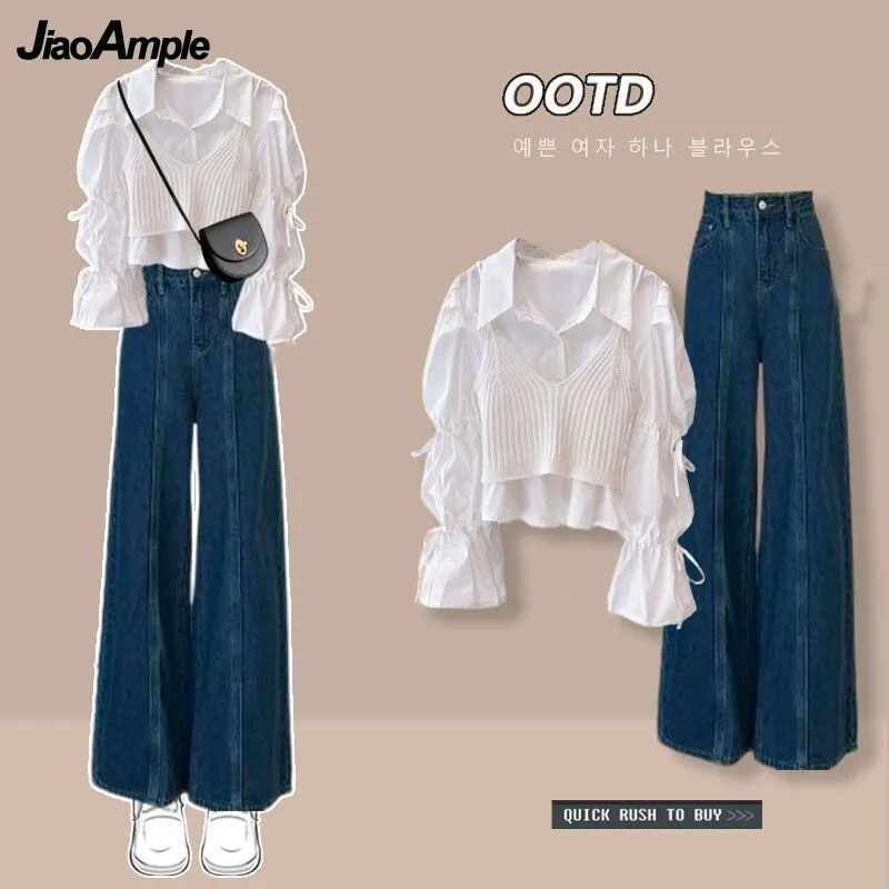 2024 Spring New Fashion Shirt+Knitted Sling+Letter Jeans Three Piece Suit Women\'s Korean Elegant Blouse Denim Pants Matching Set