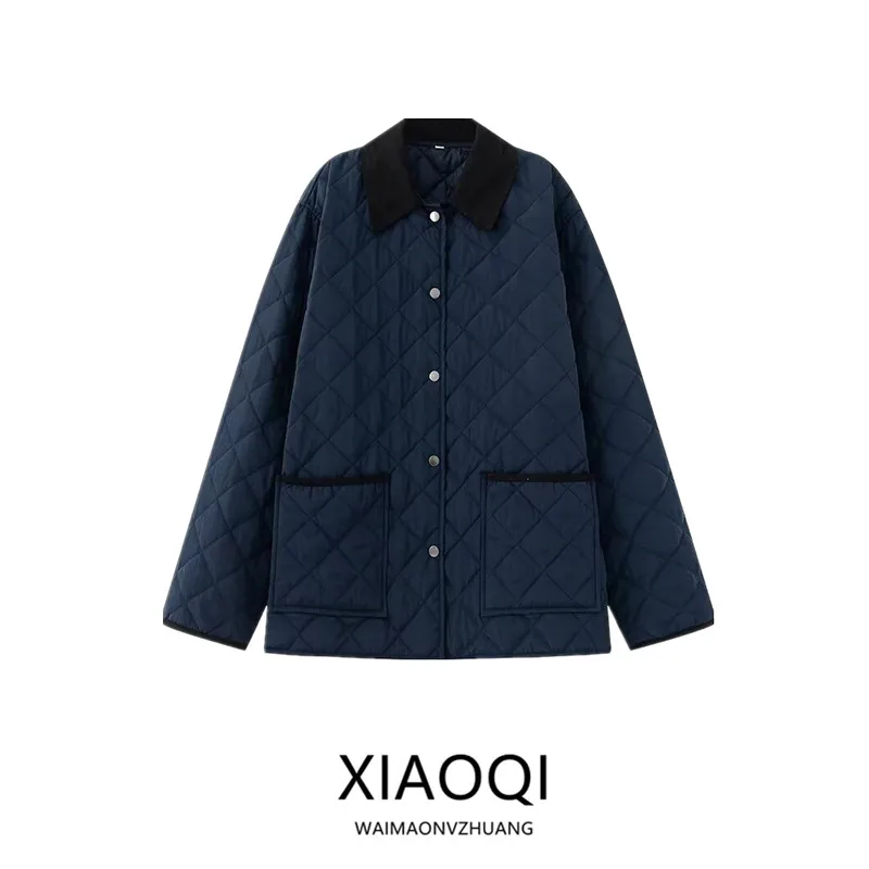 Women's Cotton Jacket Collar Long Sleeve Diamond Pattern Color Block Autumn Winter New Style Commute Style Outerwear Coat