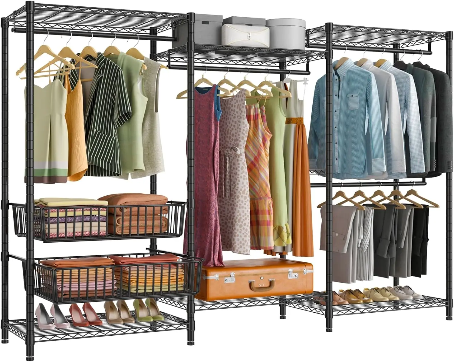 Vipek V10 Plus Wire Garment Rack 5 Tiers Heavy Duty Clothes Rack With Hanging Rods, Wire Shelves & 2 Slid Storage Baskets,