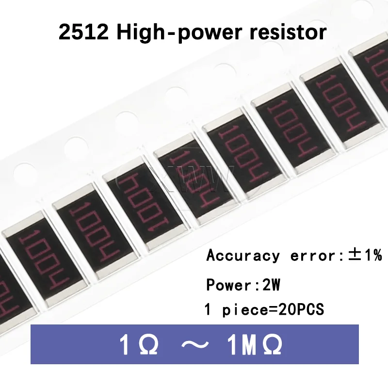 20PCS 2512 2W High Power SMD Resistor 1% Tolerance 1R 10R 100R 1K 10K 100K 4.7R 4.7K 22K 47K 1R~1M Ohm Full Values Available
