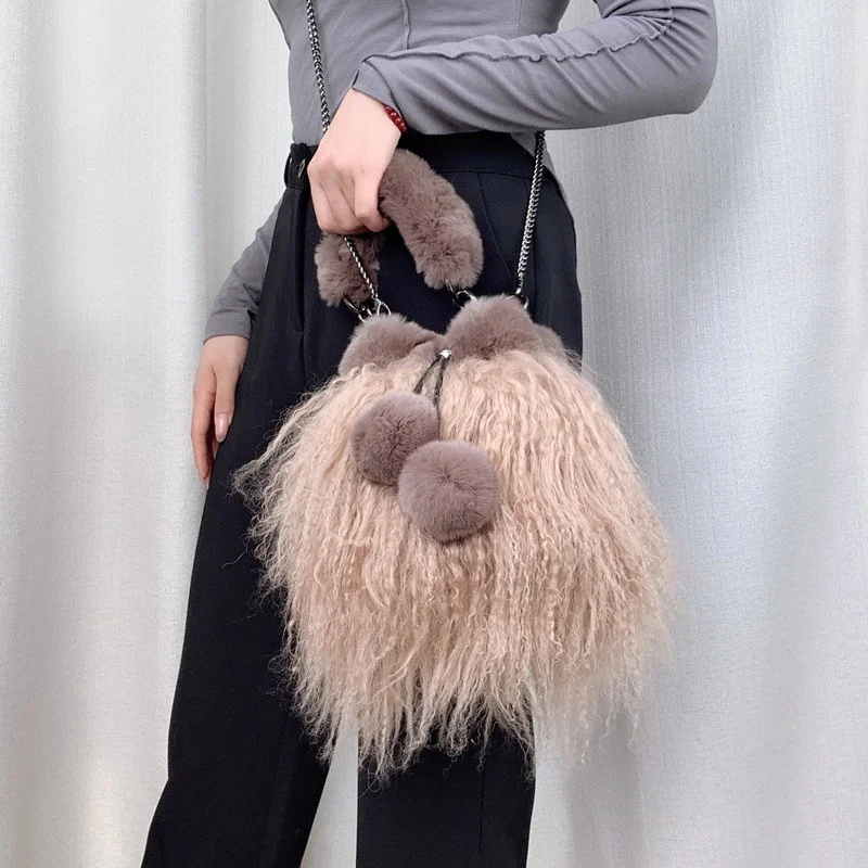 Women\'s New Three-dimensional Fur Bag Beach Wool Spliced Rabbit Hair Tote Bucket Bag Women\'s Travel Party Dinner Fur Bag