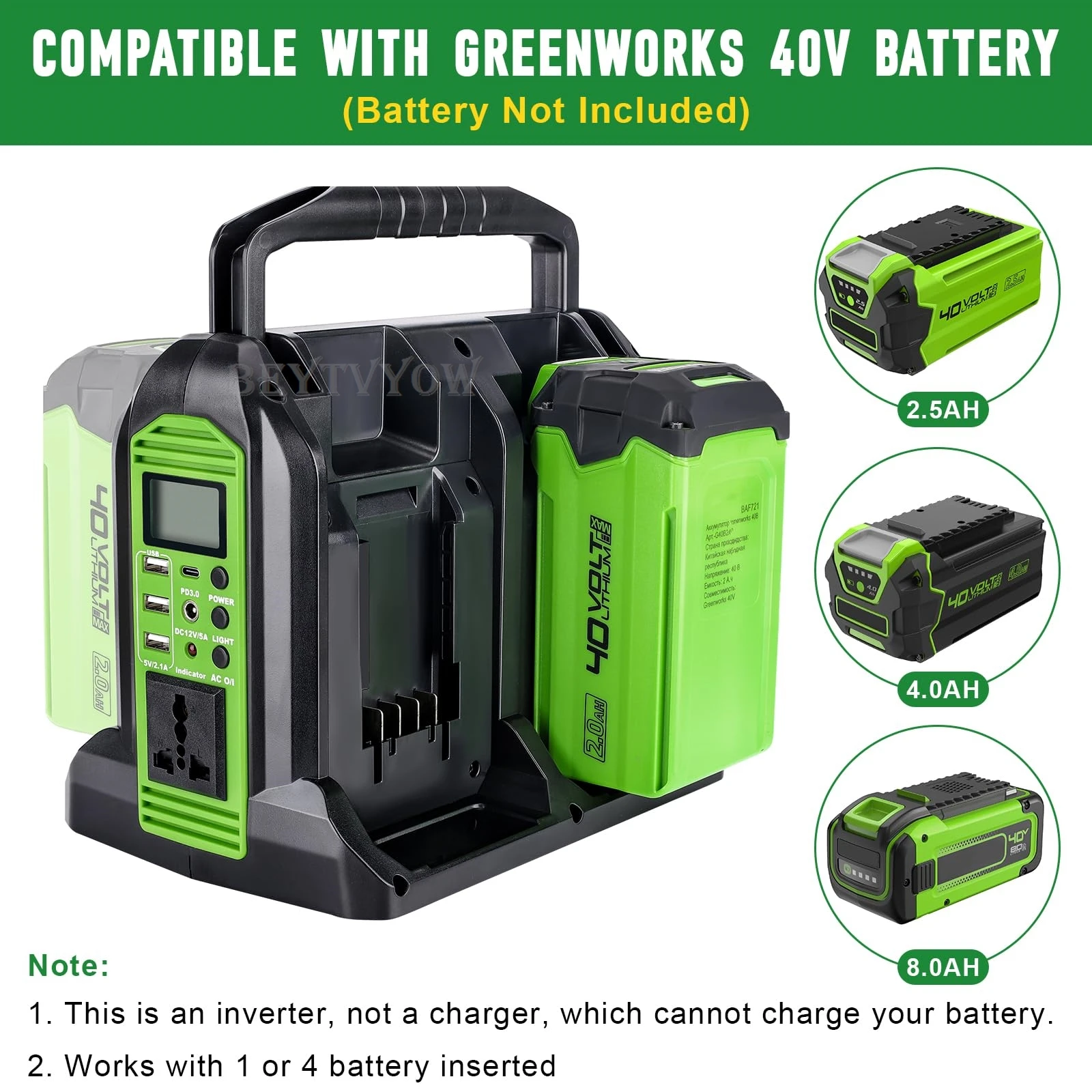 

Power Inverter for Greenworks 40V Battery 350W DC 40V to AC 120V Power Station Pure Sine Wave Inverter 6 Output Port for Camping