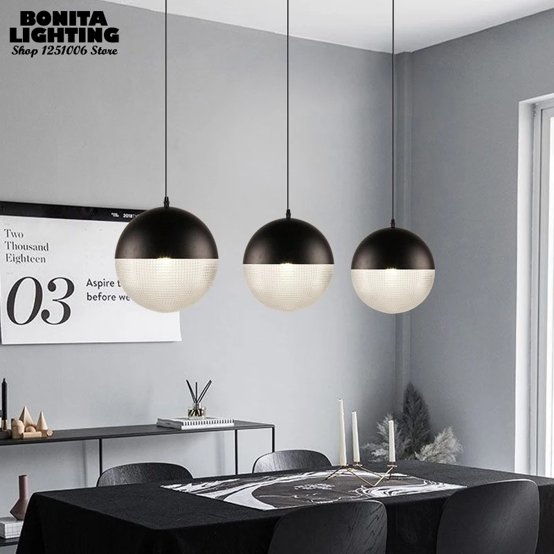 

Nordic Black Cover Milky Ball Pendant Lamp Restaurant Bedside Display Cabinet Golden Round Pendant Light Clear Checkered Glass