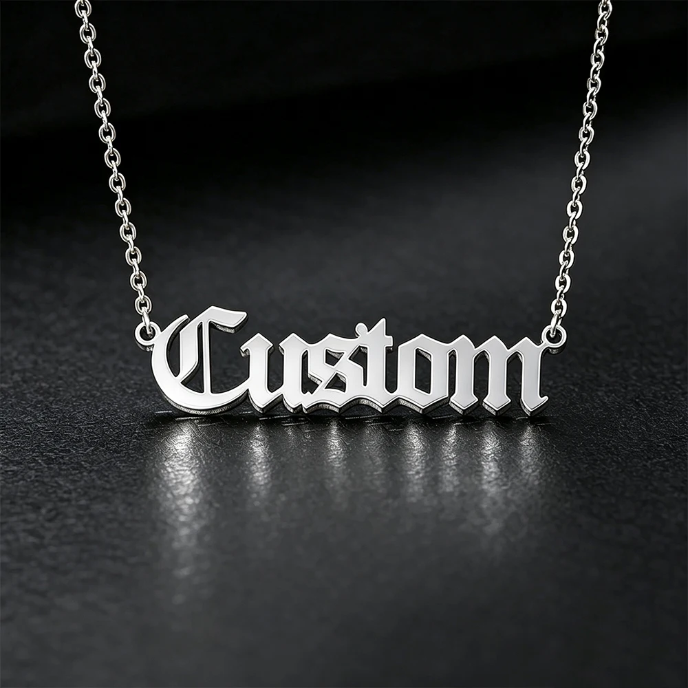 Personalized Old English Name Necklaces Stainless Steel Customized Gothic Style Nameplate Necklace for Women Man