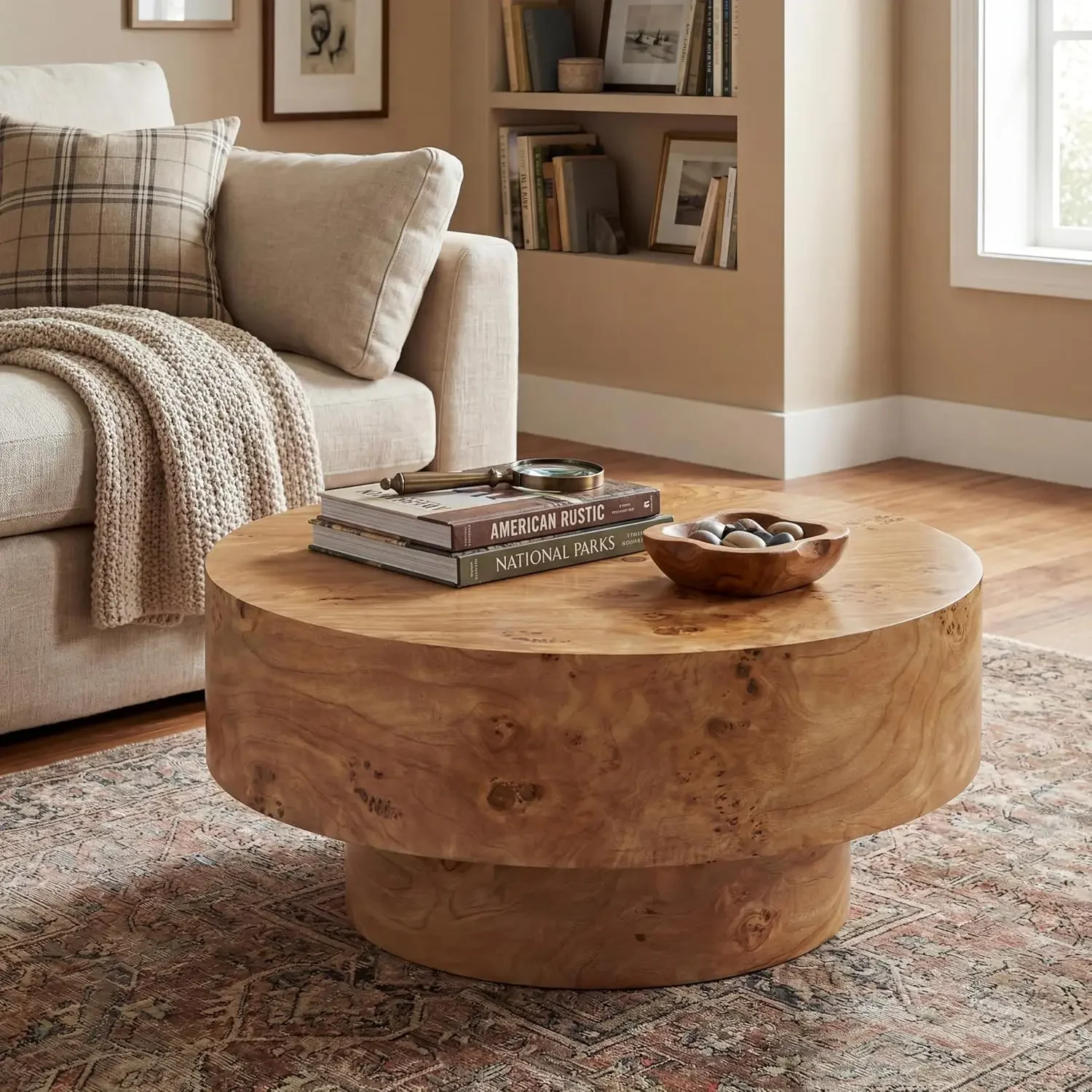 

Natural Burl Veneer Wood Round Coffee Table Mdf Pedestal Base Center Table For Living Room