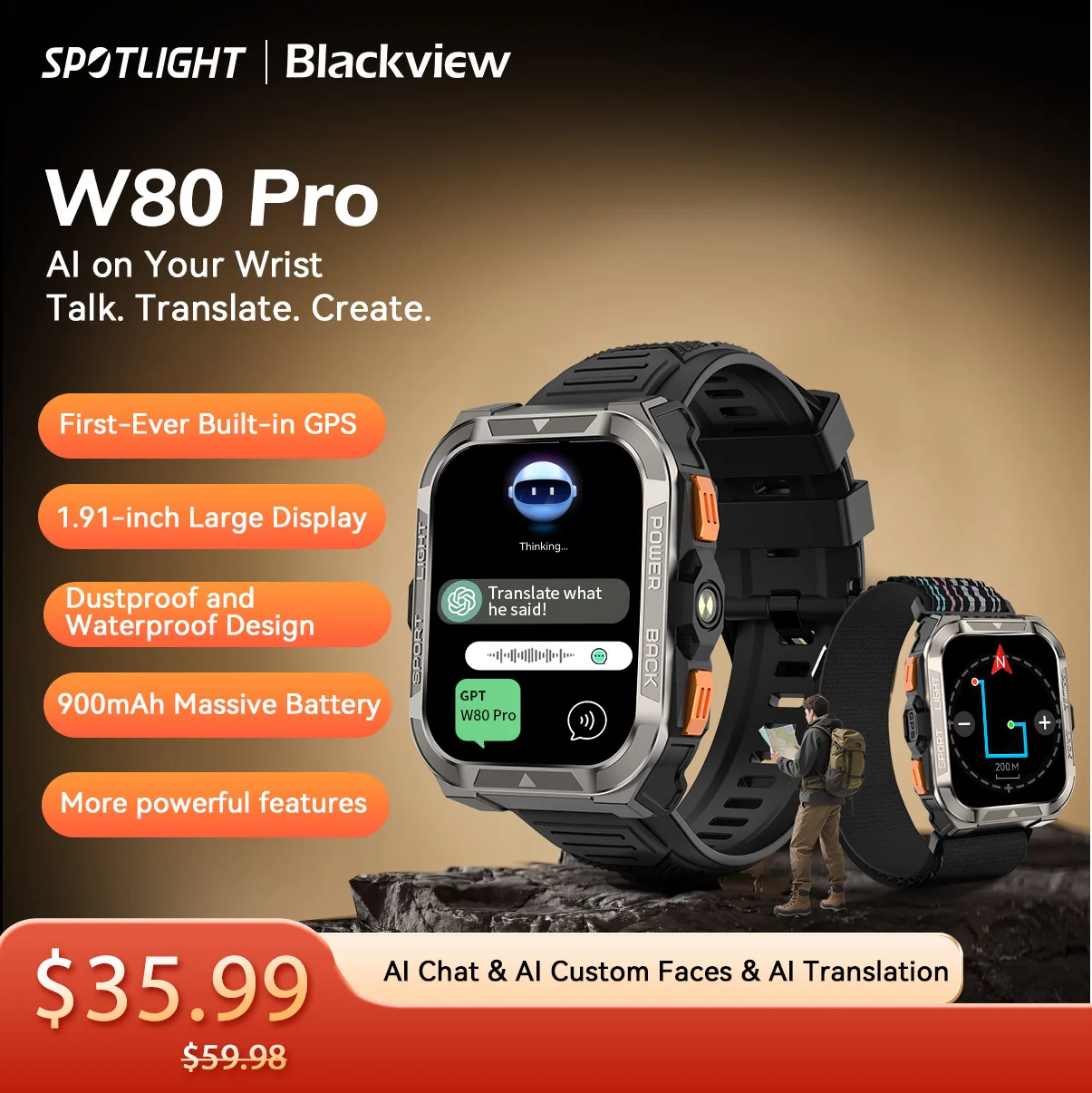[العرض الأول في العالم] ساعة ذكية متينة للاستخدام الخارجي Blackview W80 PRO، ساعة ذكية بموضع GPS، شاشة 1.91 بوصة، 900 مللي أمبير في الساعة مع مصباح يدوي