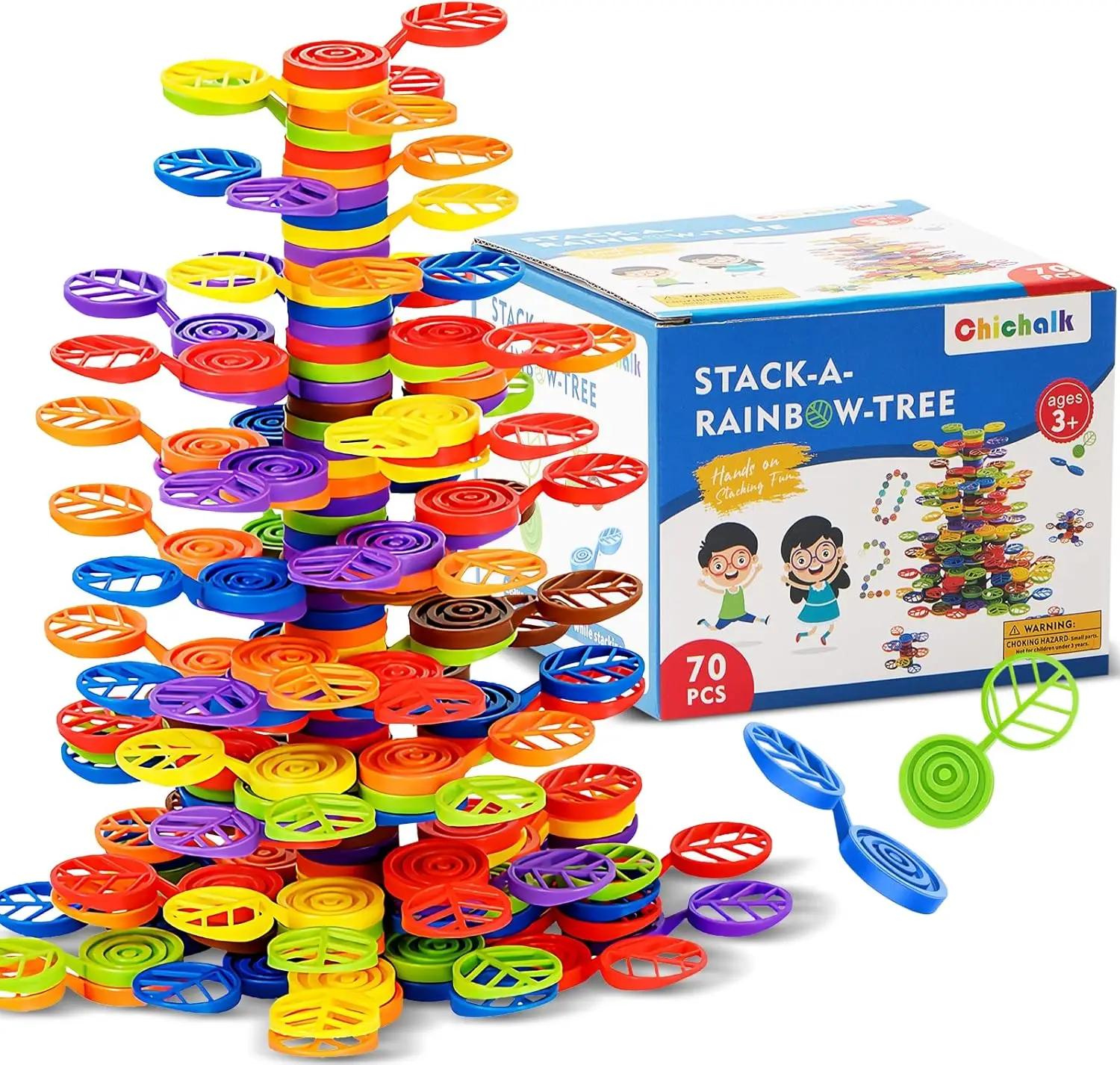 Stack-a-Rainbow-Tree Plastic Stacking Blocks 70 Piece, Balance Game Building Toys for Kids Ages 3-8, Preschool Kindergarten Educ