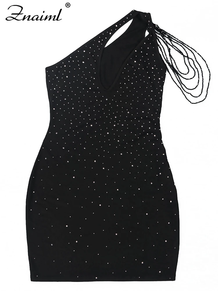 Znaiml Women Luxury Diagonal Collar One Shoulder Strap Black Beading Bodycon Gowns Mini Dress Birthday Sexy Night Club Bar Robe — zdjęcie 6