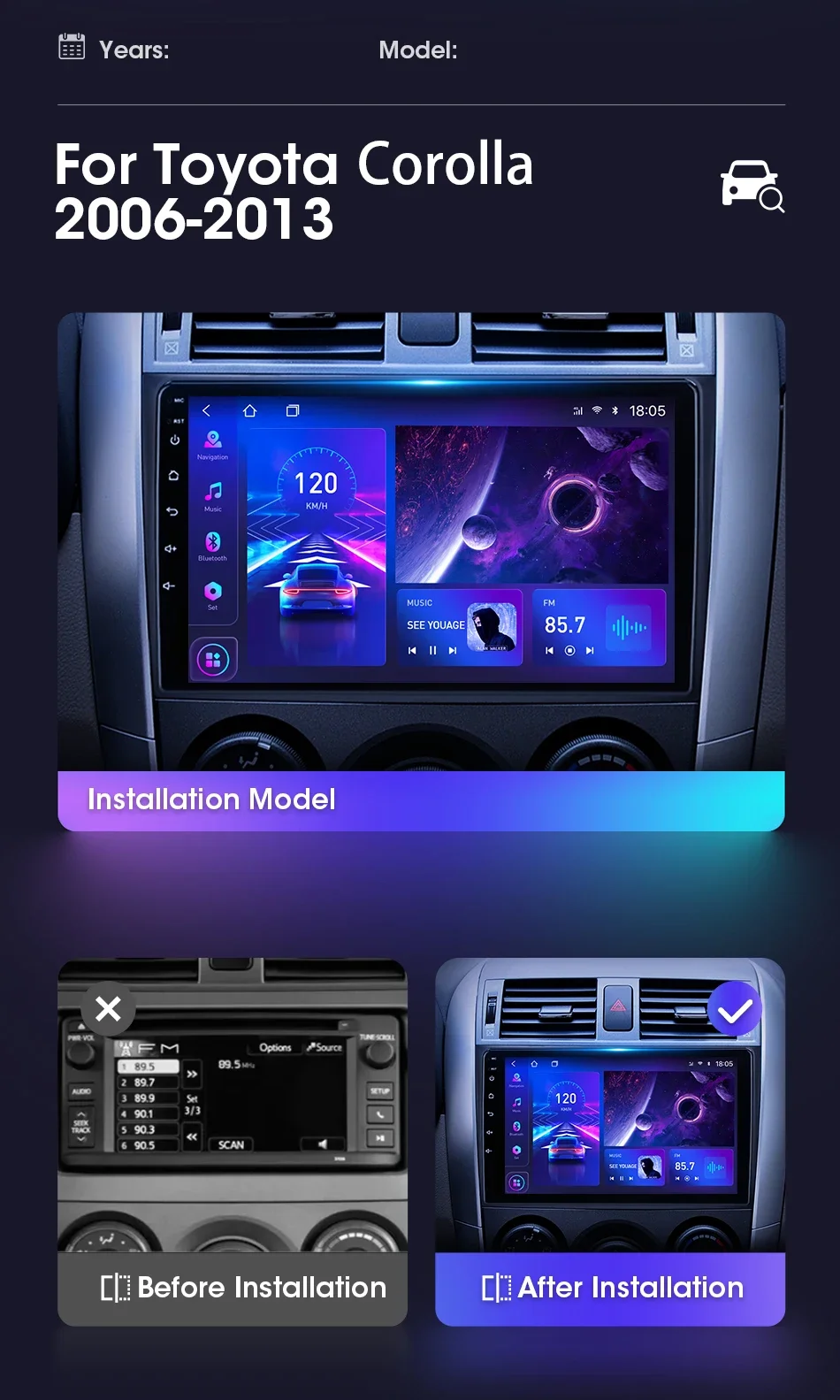 Car Android Radio Multimedia Player For Toyota Corolla 2006 2007 2008 2009 2010 2011 2012 2013 GPS Navi 2din Android 12 Carplay