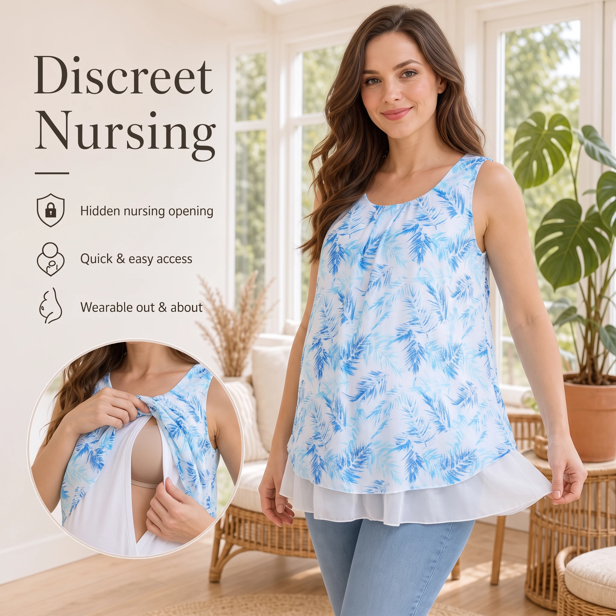 Sleeveless Maternity Nursing Tank Top Chiffon Fake 2Piece Lift Up Breastfeeding Shirt Summer Pregnancy Blouse for Pregnant Women