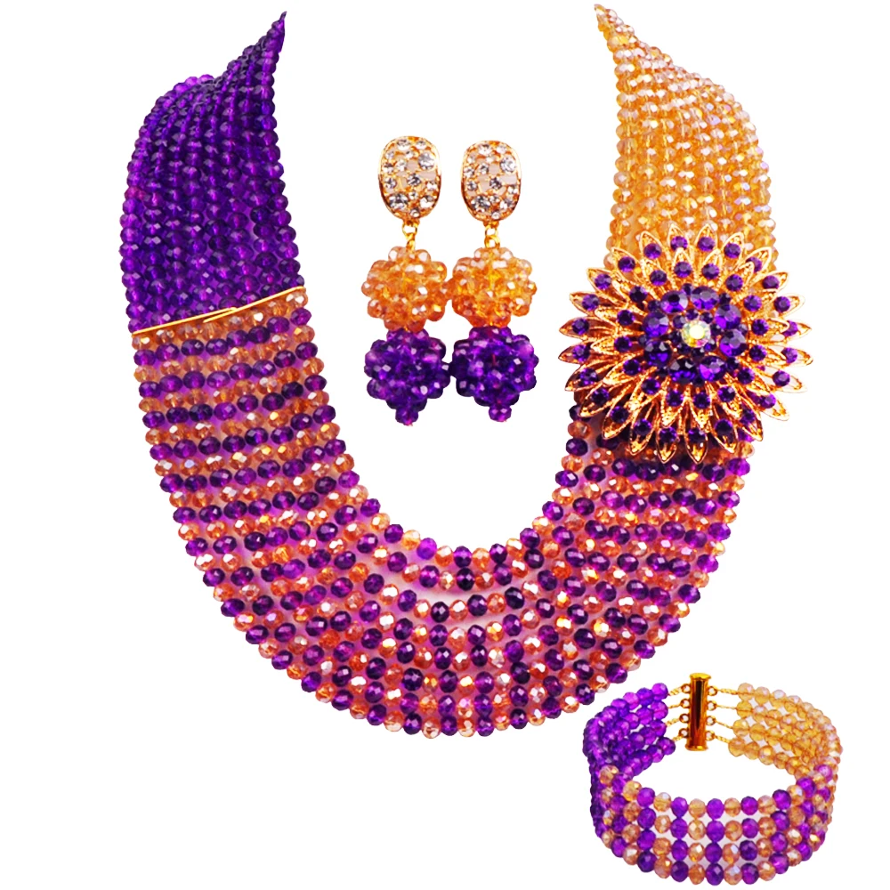 

Purple and Champagne Gol AB Crystal African Beads Jewelry Set Nigerian Wedding Set