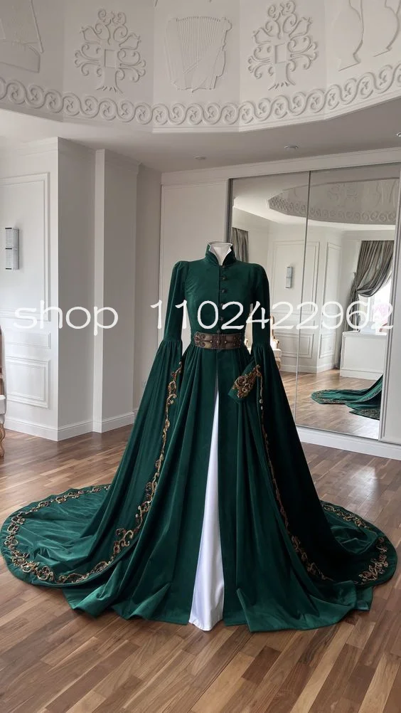 Hunter Green Muslim Caftan Prom Dresses with Warp Long Sleeve Embroidery Adyghe festive Kaftan Morocca Evening Gown Outfit