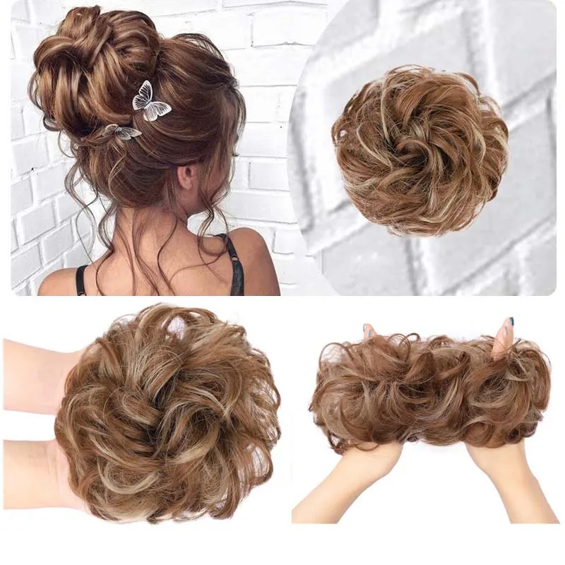 Fake Curly Messy Bun Hair Piece, Ponytail Extensão Wrap, Scrunchie Piece, Peruca Natural, Decoração de anel fofo, Menina