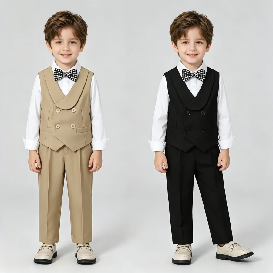 

Boys Wedding Vest Suit Khaki Formal Tuxedo Set with Plaid Bowtie for Graduation Birthday Party School Host Performance Outfits