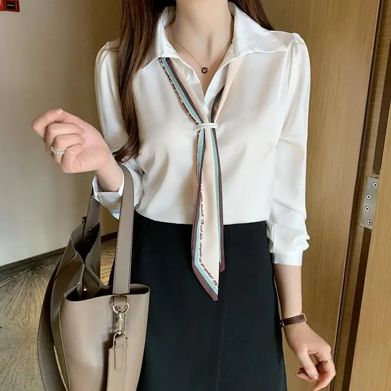 White Chiffon Shirt for Women Spring New Office Lady Long Sleeve Solid Color Temperament Thin Blouse Fashion Elegant Clothing