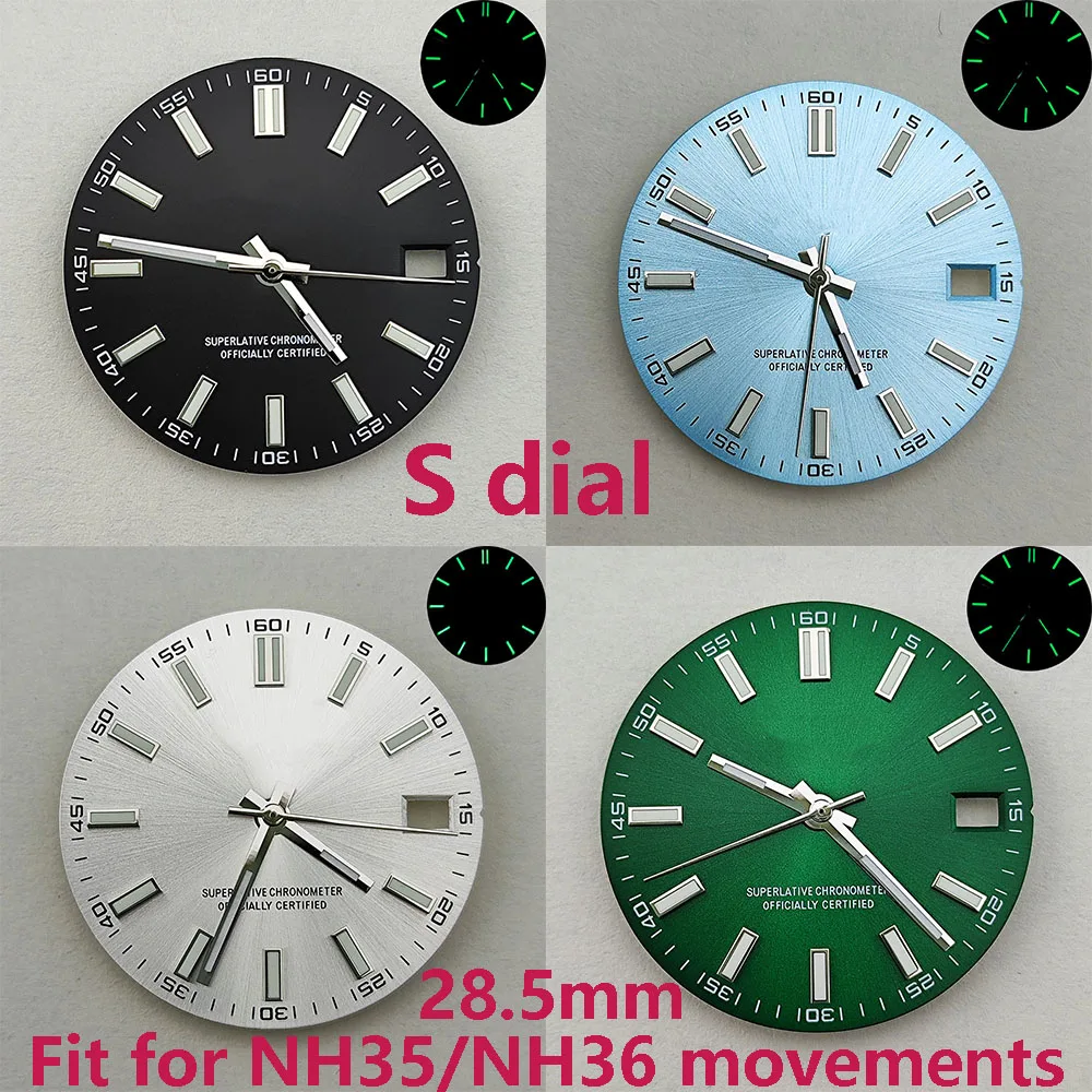 คุณภาพสูง 28.5 มม.NH35dialนาฬิกาdial S dialสีเขียวส่องสว่างเหมาะสําหรับNH35 NH36 นาฬิกาอุปกรณ์เสริมซ่อมเครื่องมือ